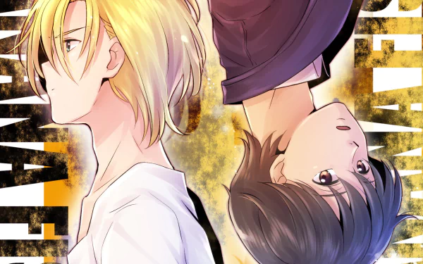 HD anime wallpaper featuring Ash Lynx and Eiji Okumura from Banana Fish, with vibrant colors and dynamic composition for PC desktop backgrounds.