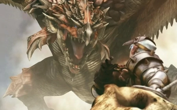 A stunning HD wallpaper featuring Rathalos from Monster Hunter, showcasing a fierce dragon against a hunter preparing for battle in a dynamic, action-packed scene.