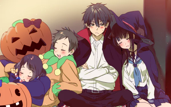 A colorful HD wallpaper featuring Mayaka Ibara, Satoshi Fukube, Eru Chitanda, and Hōtarō Oreki from the anime Hyouka, with playful Halloween-themed elements.