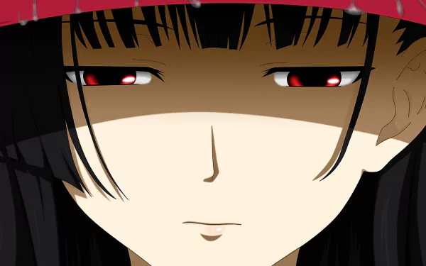 HD PC desktop anime wallpaper of Rea Sanka (Sankarea): close-up pale face framed by dark bangs, narrow red eyes and a faint neutral expression beneath a red hat.