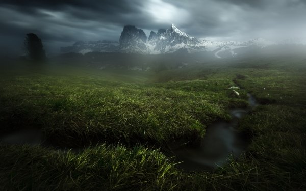 Earth Landscape Mountain Stream Grass Fog HD Wallpaper | Background Image