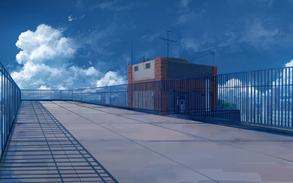 A serene anime landscape featuring a rooftop scene with a modern building against a backdrop of fluffy clouds, designed as a 4K Ultra HD desktop wallpaper and background.