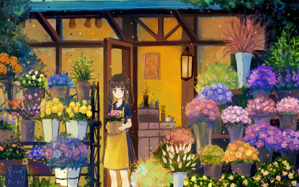 Anime-style HD desktop wallpaper featuring a young girl standing in front of a cozy flower shop surrounded by vibrant, colorful blooms.