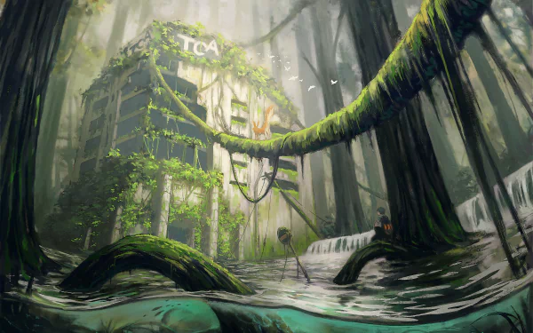 Anime-style post-apocalyptic HD desktop wallpaper depicting an overgrown building engulfed by dense forest and water, with soft light filtering through tall trees.