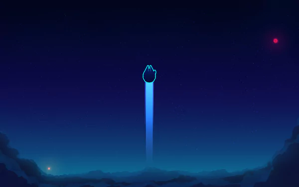 Minimalist HD wallpaper of the Millennium Falcon from Star Wars, featuring a sci-fi night sky and the Falcon launching into space.