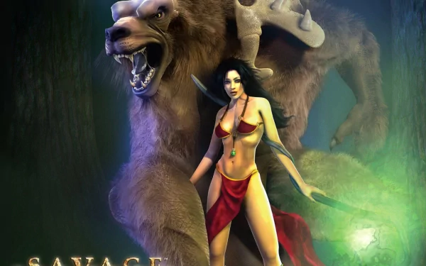 HD PC desktop wallpaper of the video game Savage: a red-clad sorceress summoning green magic as a massive snarling bear-like beast looms behind her in a dark, misty forest.