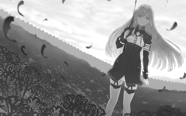 HD anime desktop wallpaper featuring Vladilena Milizé from Eighty Six, standing in a field with petals falling around her under a cloudy sky.
