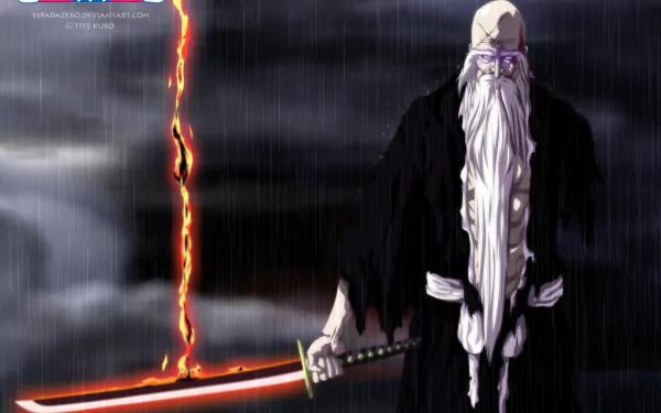 HD anime wallpaper featuring a white-haired, bearded character from Bleach holding a glowing sword in the rain, set against a dark, stormy background.