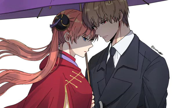 Okita Sougo and Kagura (Gintama) stand close under a purple umbrella, anime 2K Quad HD PC desktop wallpaper background.