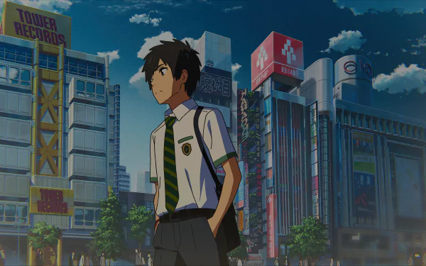 Taki Tachibana from Your Name. in school uniform gazing across a sunlit city street — 8K Ultra HD anime PC desktop wallpaper and background.