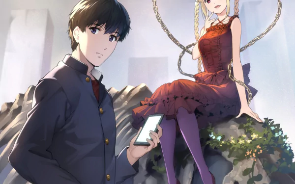 HD PC desktop wallpaper featuring Kaname Sudou and Shuka Karino from the anime Darwin's Game, with detailed character art and a bright, atmospheric background.