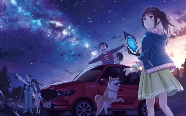 Anime scene featuring characters with brown and long hair, a telescope, a red car, a dog, and a starry night sky. A girl with a ponytail and brown eyes holds a device, while others gather around the car.