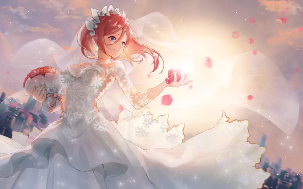 HD desktop wallpaper featuring Miku Nakano from the anime The Quintessential Quintuplets wearing a beautiful white gown amidst a dreamy, sunlit background with floating petals.
