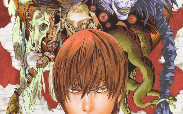 HD anime desktop wallpaper featuring Light Yagami and Ryuk from Death Note, showcasing detailed character art and vibrant colors.