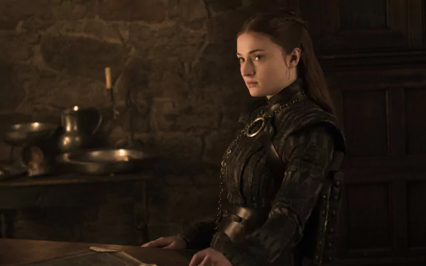 4K Ultra HD PC desktop wallpaper evoking Game of Thrones: woman in dark medieval armor seated at a candlelit stone table.