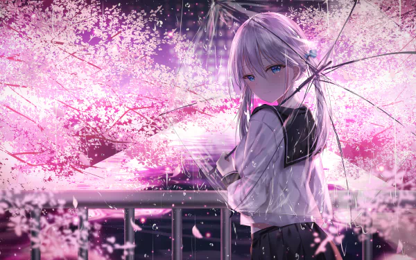 Anime girl with twintails and grey hair, holding an umbrella beneath cherry blossoms in the rain, tears in her blue eyes. HD desktop wallpaper and background.