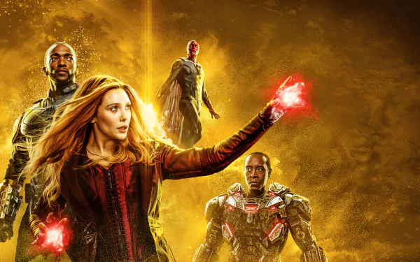 8K Ultra HD wallpaper featuring Avengers: Infinity War characters Scarlet Witch, Vision, Falcon, and War Machine with dramatic golden background.