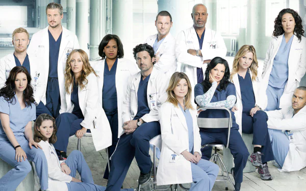 HD desktop wallpaper featuring cast members from Grey's Anatomy in medical attire, posing in a clinical setting.