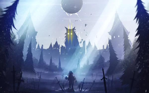 HD desktop wallpaper featuring Rem, Subaru Natsuki, and Pack from Re:Zero - Starting Life in Another World. The mystical scene shows a dark forest and an ominous castle with glowing yellow eyes.