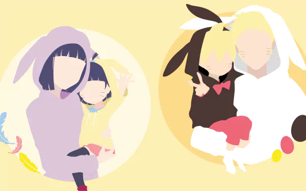 4K Ultra HD anime wallpaper featuring Naruto Uzumaki, Hinata Hyuga, Boruto Uzumaki, and Himawari Uzumaki in soft pastel tones.