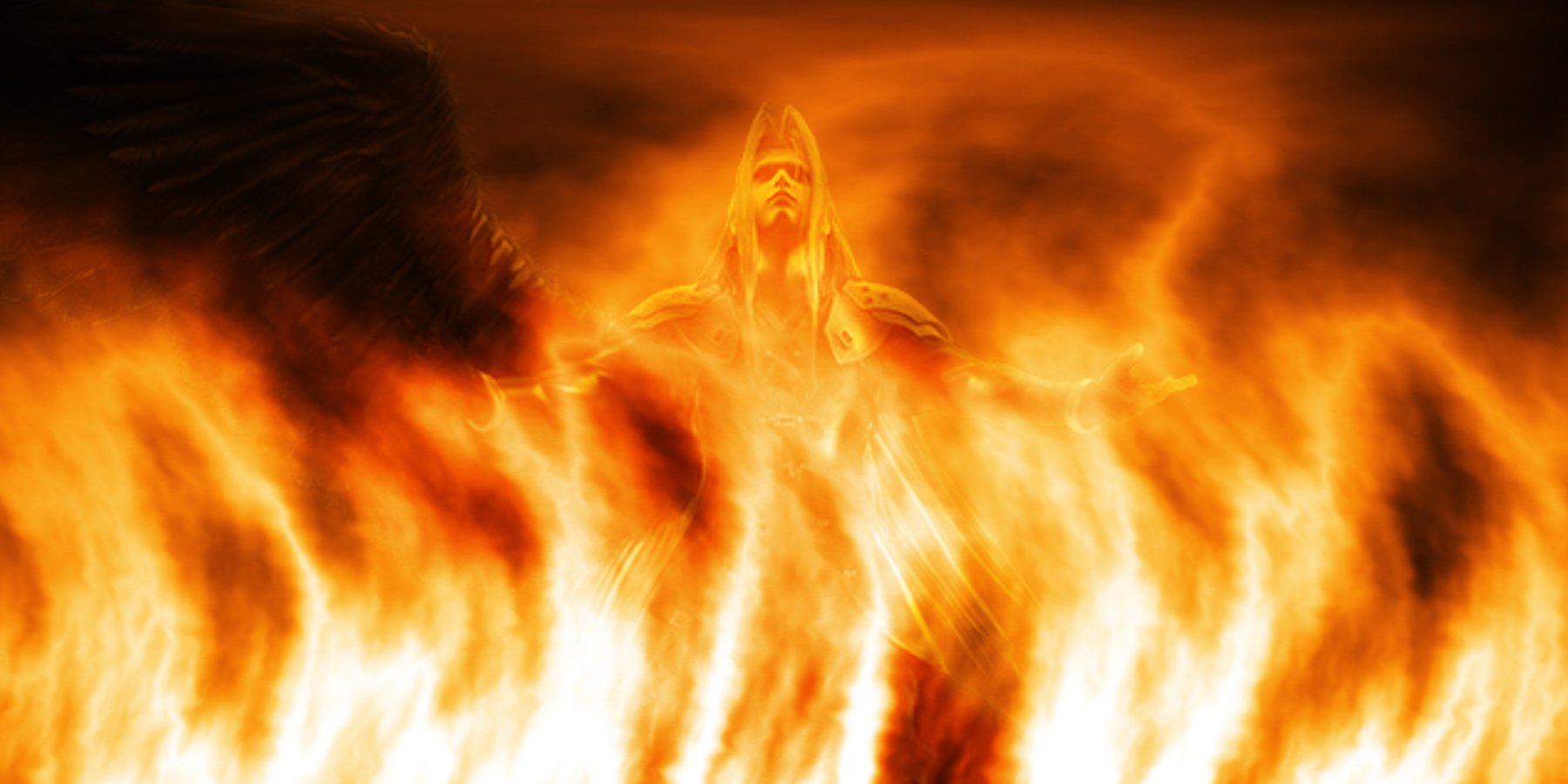 Epiphany: Sephiroth from Final Fantasy engulfed in fiery aura.
