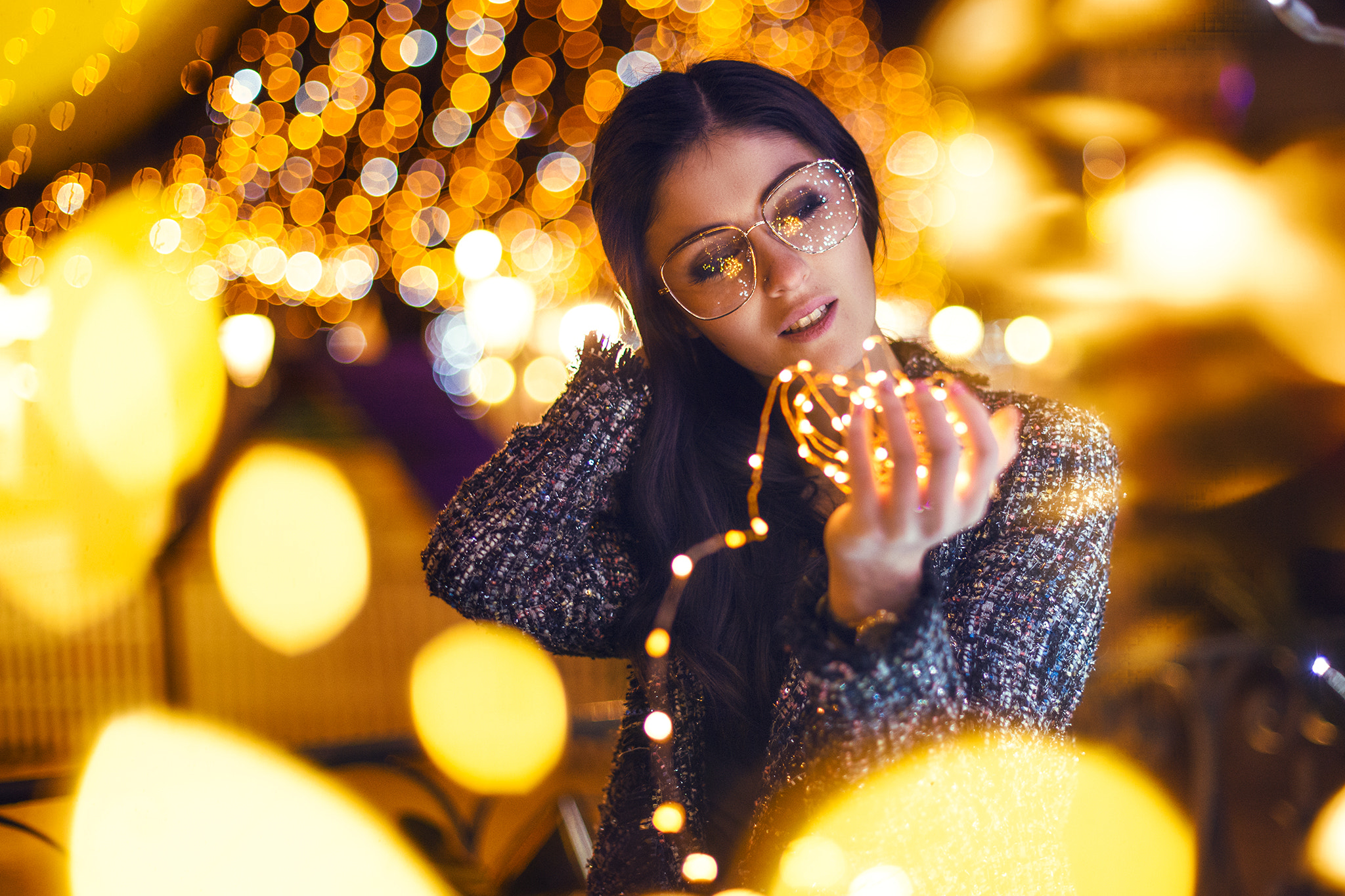 Download Black Hair Bokeh Glasses Light Woman Model HD Wallpaper by ...