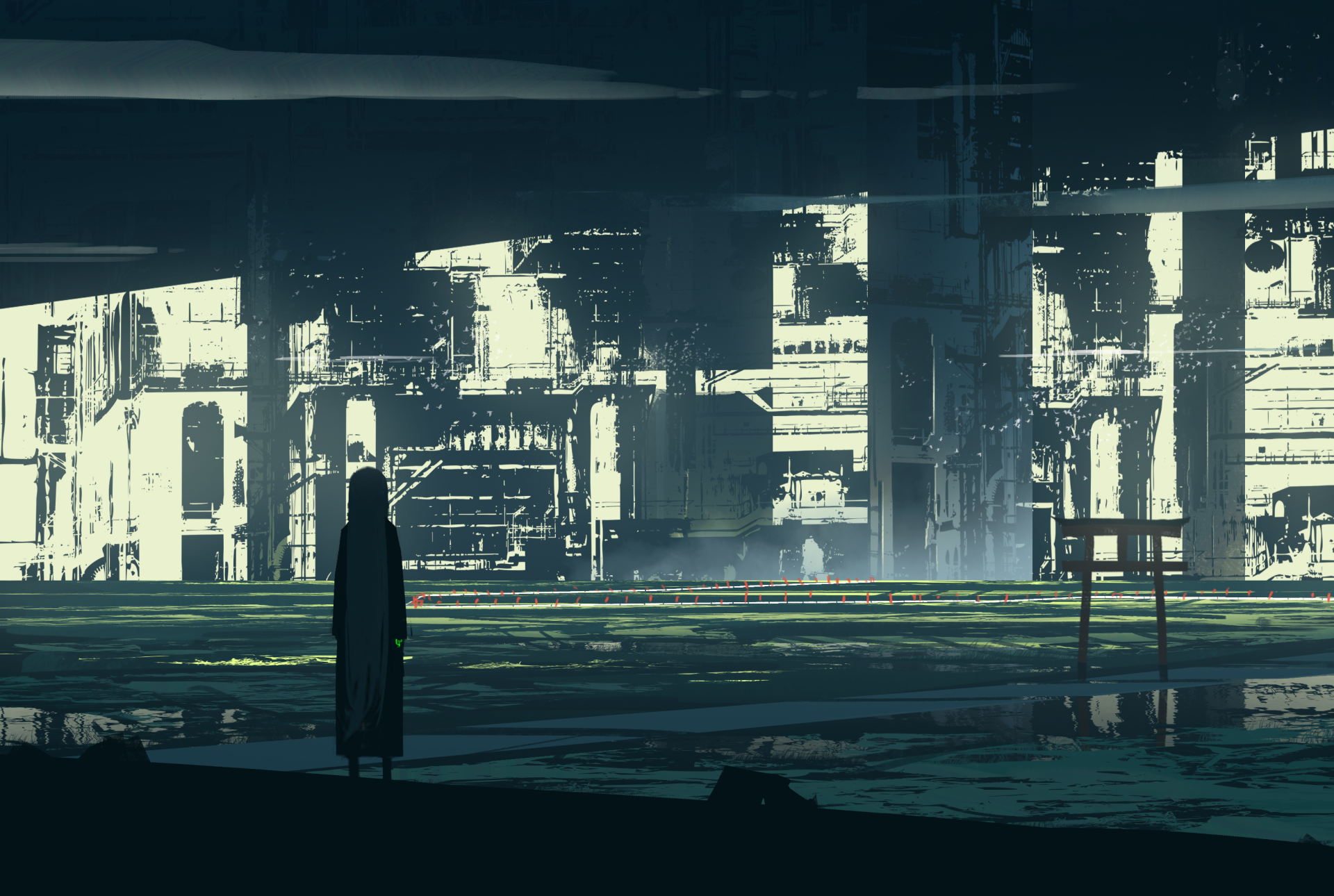 HD anime landscape wallpaper featuring a solitary figure in a long coat standing in a futuristic urban environment, illuminated by stark lighting and surrounded by industrial architecture.