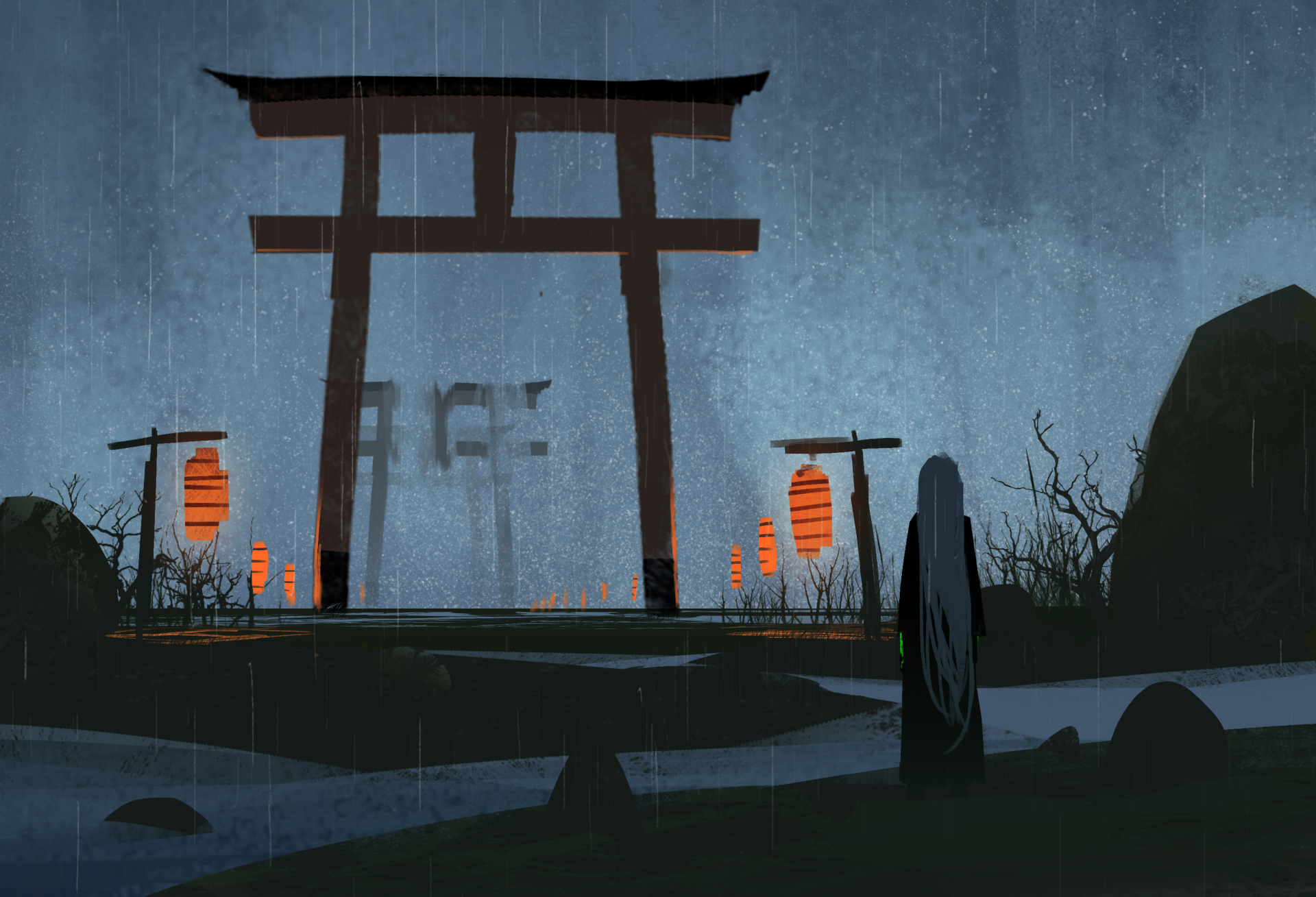 HD anime landscape wallpaper featuring a shrine under a large torii gate, with glowing lanterns along the pathway. A serene, rainy atmosphere adds to the peaceful scene.