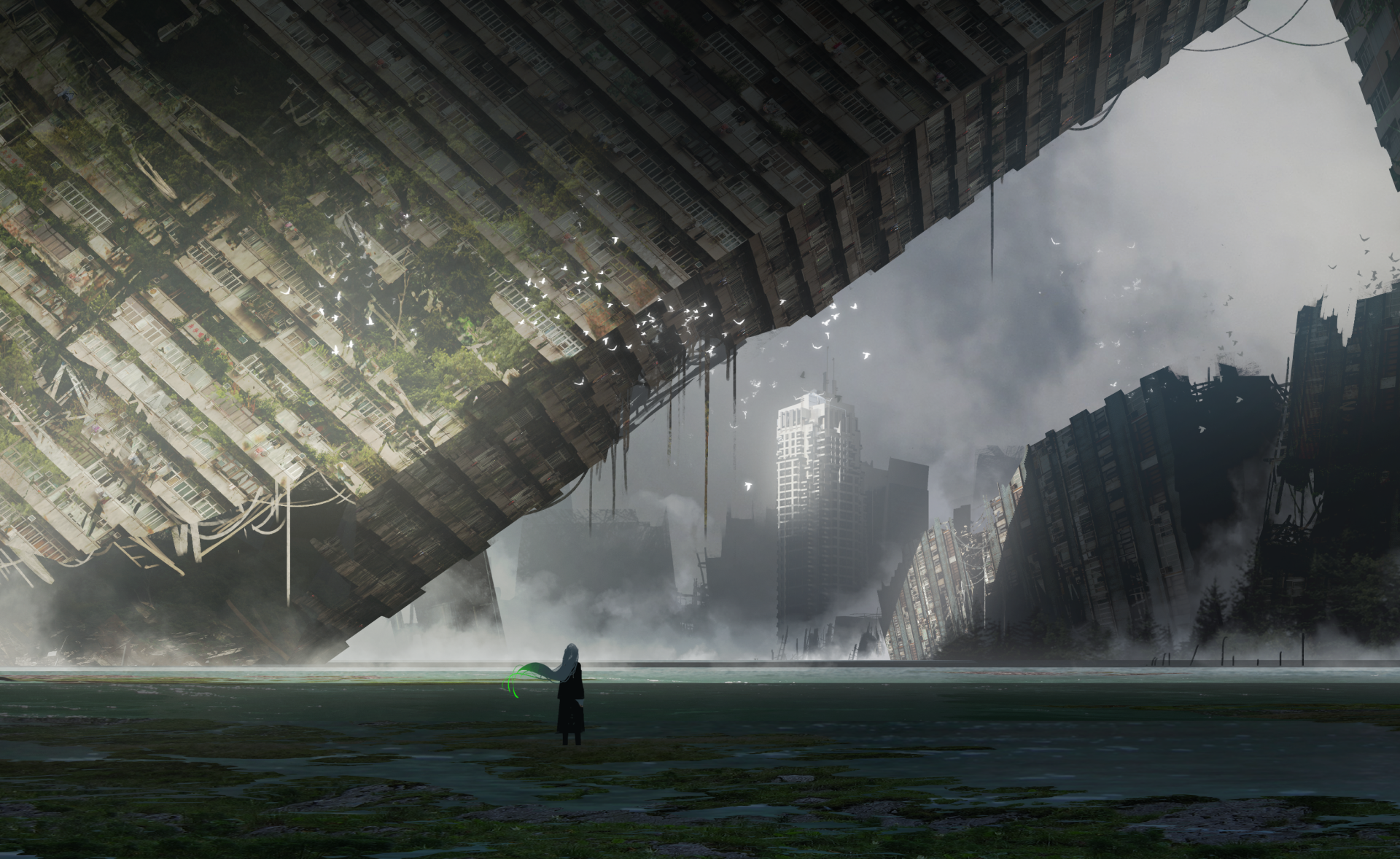 HD anime wallpaper depicting a post-apocalyptic landscape with a lone figure holding a green light, surrounded by massive, decaying structures and a misty, desolate atmosphere.