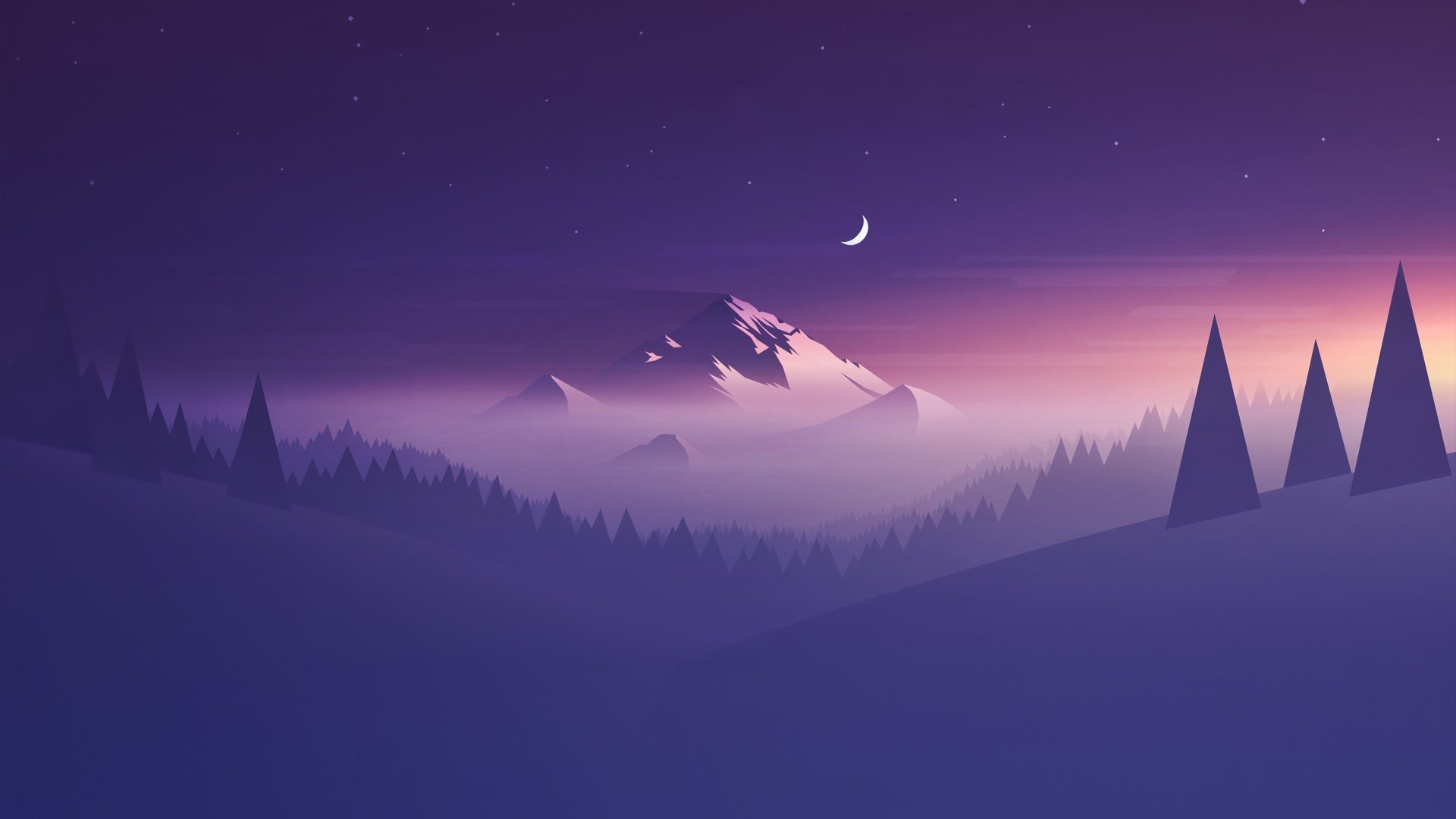 A minimalist artistic 4K Ultra HD wallpaper featuring a serene mountain peak under a crescent moon, surrounded by misty forests and a twilight sky.