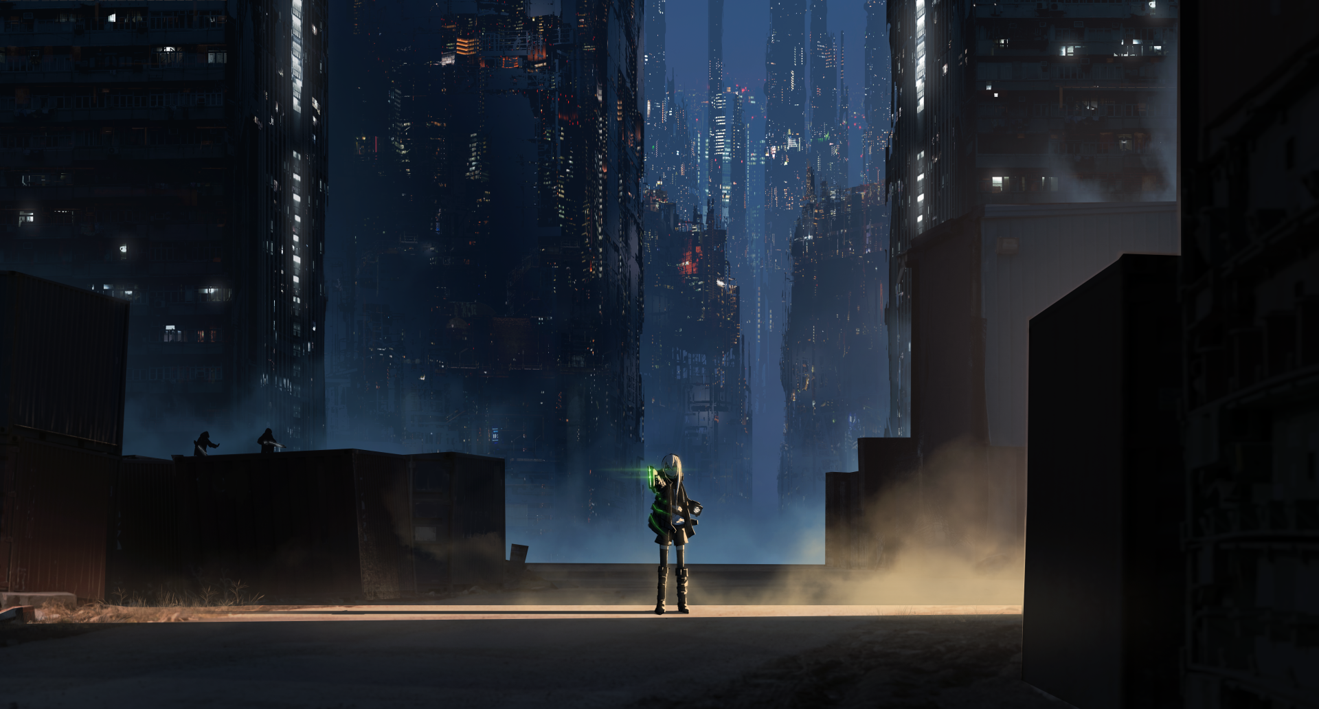 An anime-style HD wallpaper featuring a lone figure in a futuristic cityscape at night, surrounded by towering buildings with illuminated windows and a misty, neon-lit atmosphere.