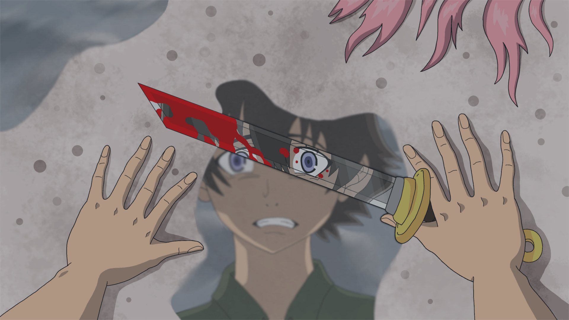 HD anime desktop wallpaper featuring Yukiteru Amano from Mirai Nikki, with a dramatic close-up of a blood-stained knife reflecting his intense eyes.