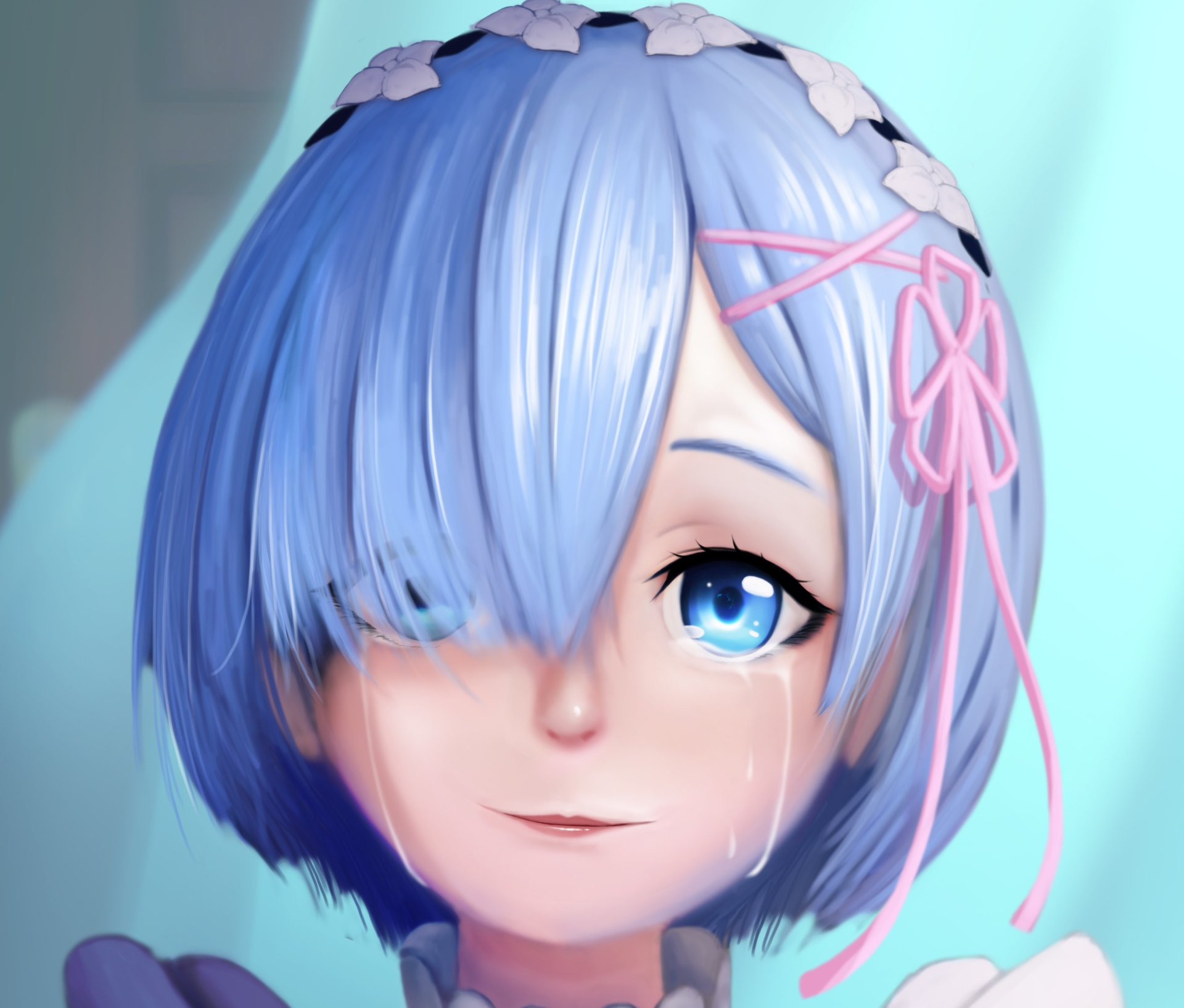 HD PC desktop wallpaper of Rem from the anime Re:Zero - Starting Life in Another World, featuring her with bright blue hair and a gentle expression.