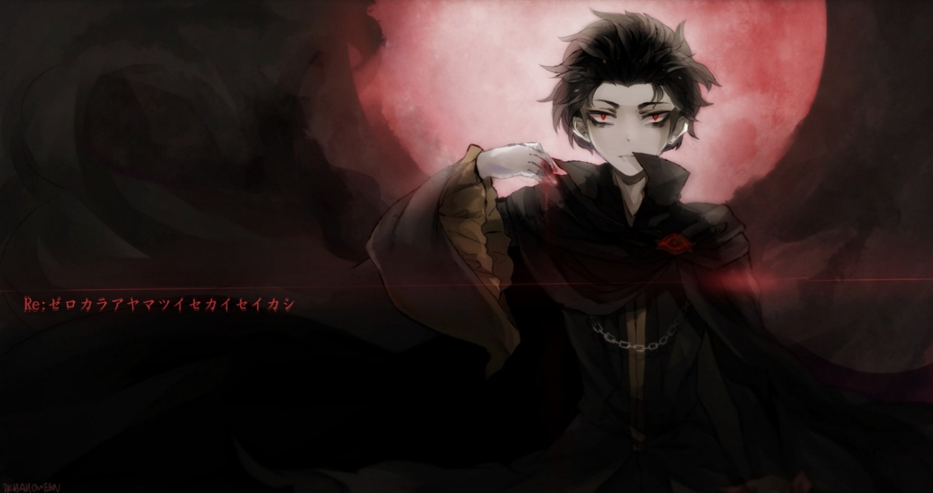 HD anime desktop wallpaper featuring Subaru Natsuki from Re:Zero - Starting Life in Another World, set against a dark, moody background with a red full moon.