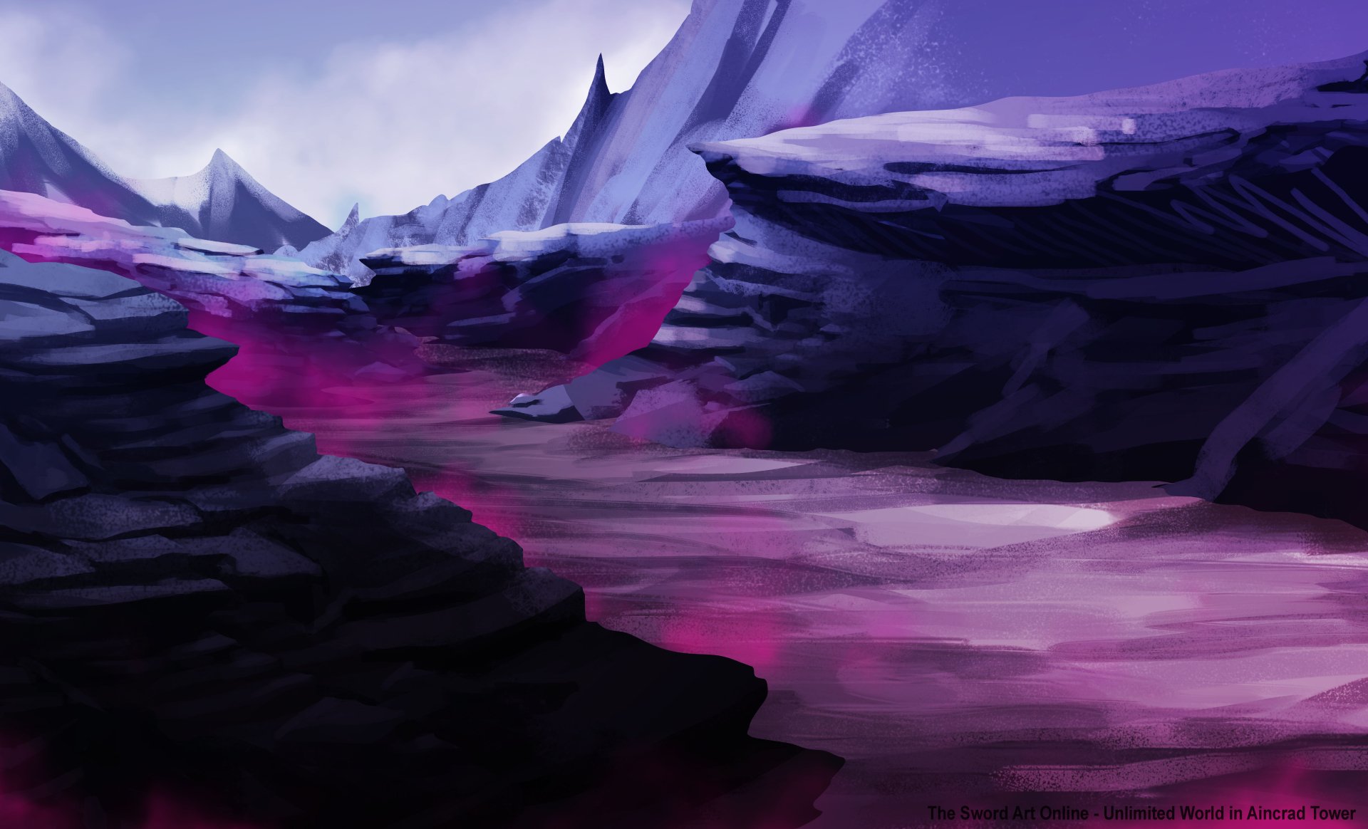 5K Ultra HD PC desktop wallpaper, fantasy landscape of jagged violet cliffs and a glowing pink river winding under a misty, otherworldly sky.