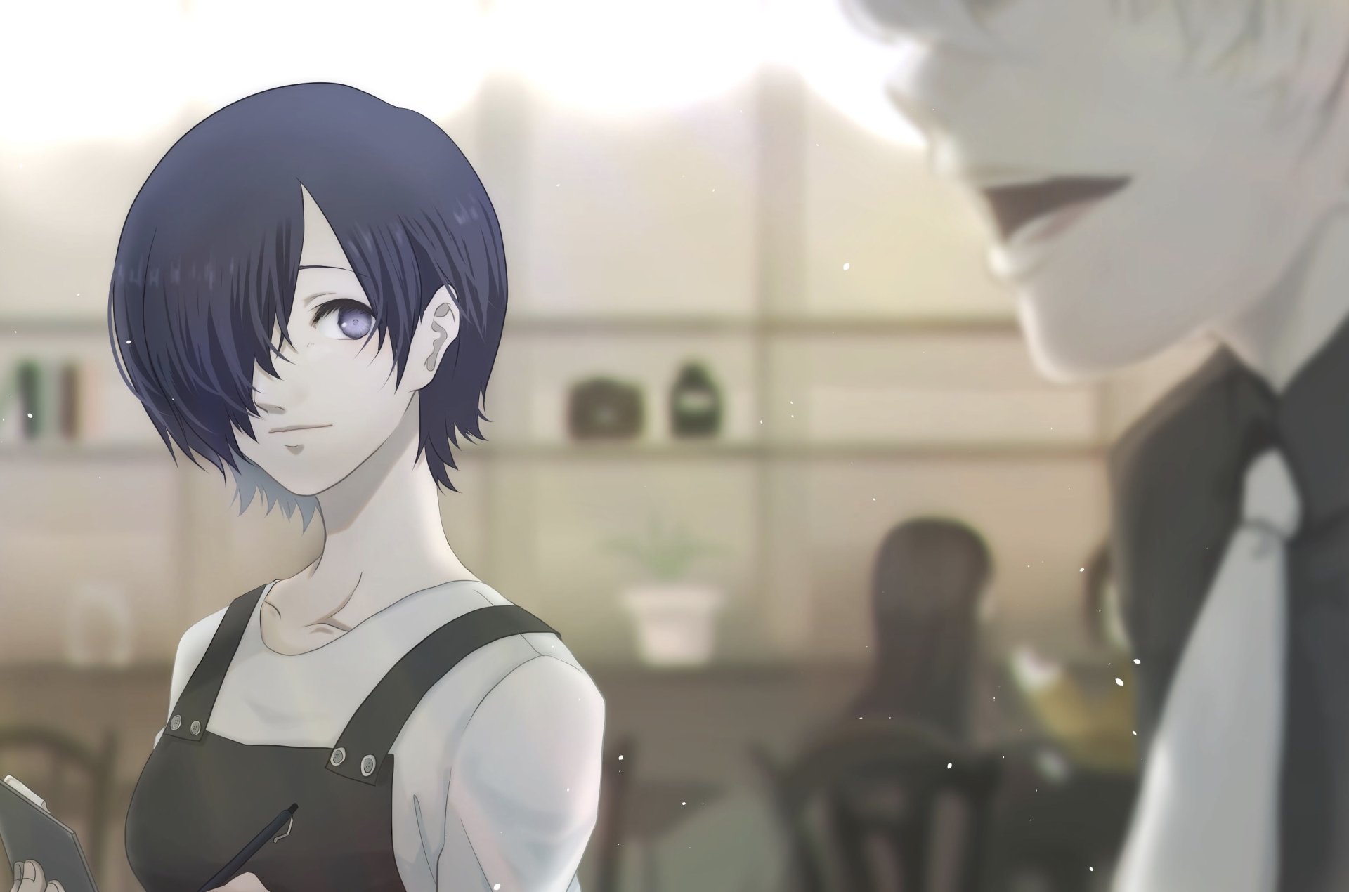 HD PC wallpaper featuring Haise Sasaki and Ken Kaneki from Tokyo Ghoul:re anime, with a softly lit, casual indoor background.