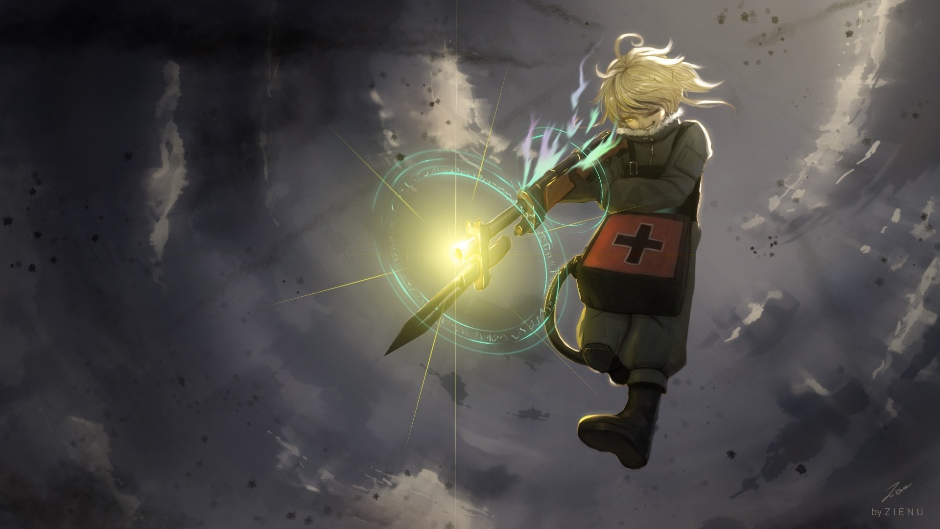 HD PC desktop wallpaper featuring Tanya Degurechaff from the anime The Saga of Tanya the Evil, depicted casting a glowing magical attack in a stormy sky.