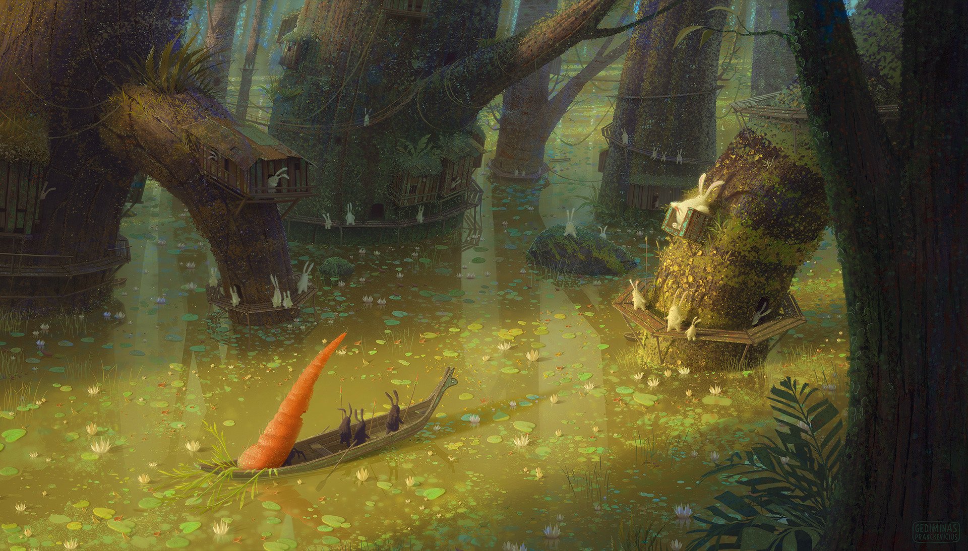 HD fantasy wallpaper featuring a serene lake with giant tree roots, rabbits, and a boat carrying a large carrot, blending natural and urban elements. Ideal background for desktops.