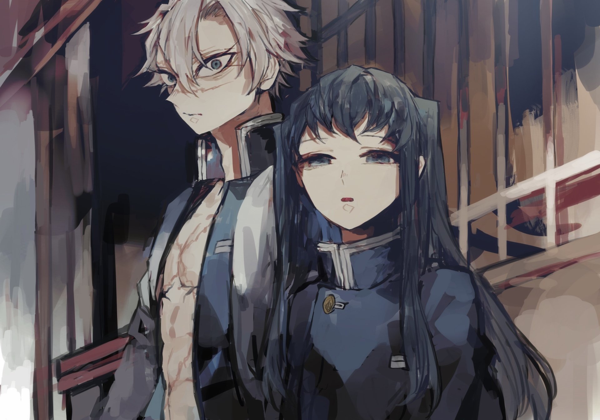 2K Quad HD PC desktop wallpaper: Sanemi Shinazugawa from Demon Slayer: Kimetsu no Yaiba stands beside a dark-haired female in moody, painterly anime style.