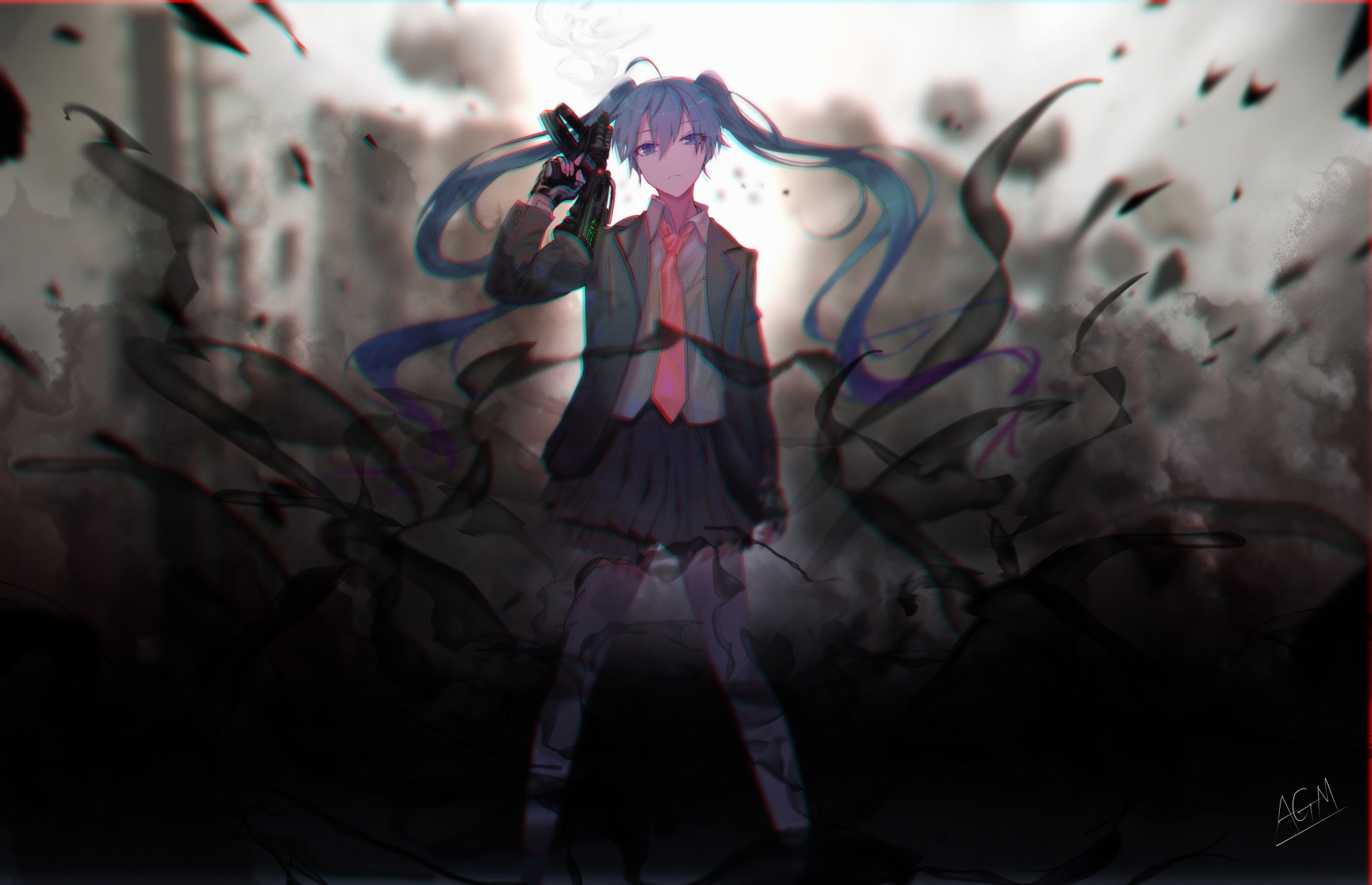 HD PC desktop wallpaper featuring Hatsune Miku from Vocaloid in an anime style, standing with flowing twin tails against a dark, smoky background.