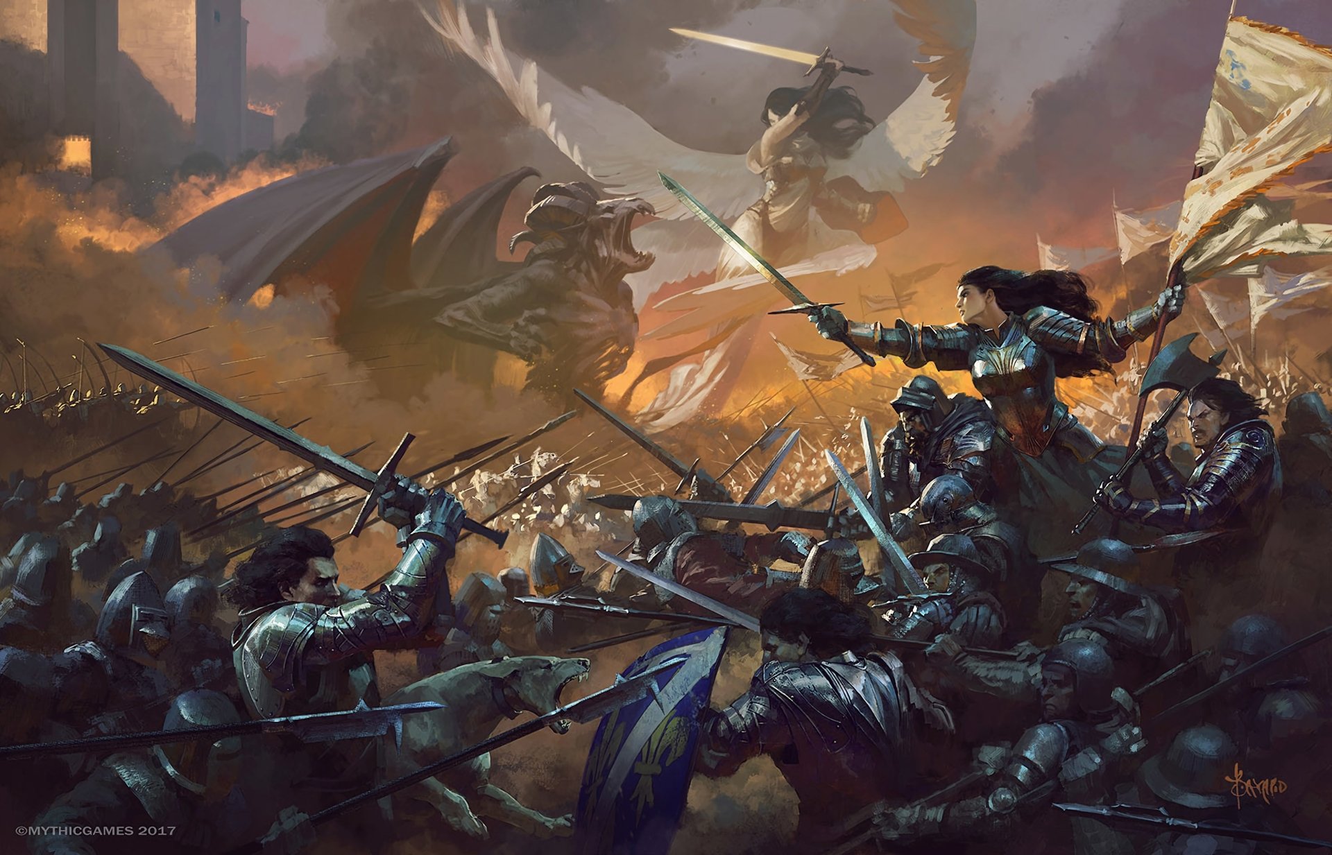 A high-definition fantasy wallpaper featuring an intense battle scene with warriors in armor, wielding swords and axes. Central figures include a woman warrior, a demon, and an angel, reminiscent of Joan of Arc.
