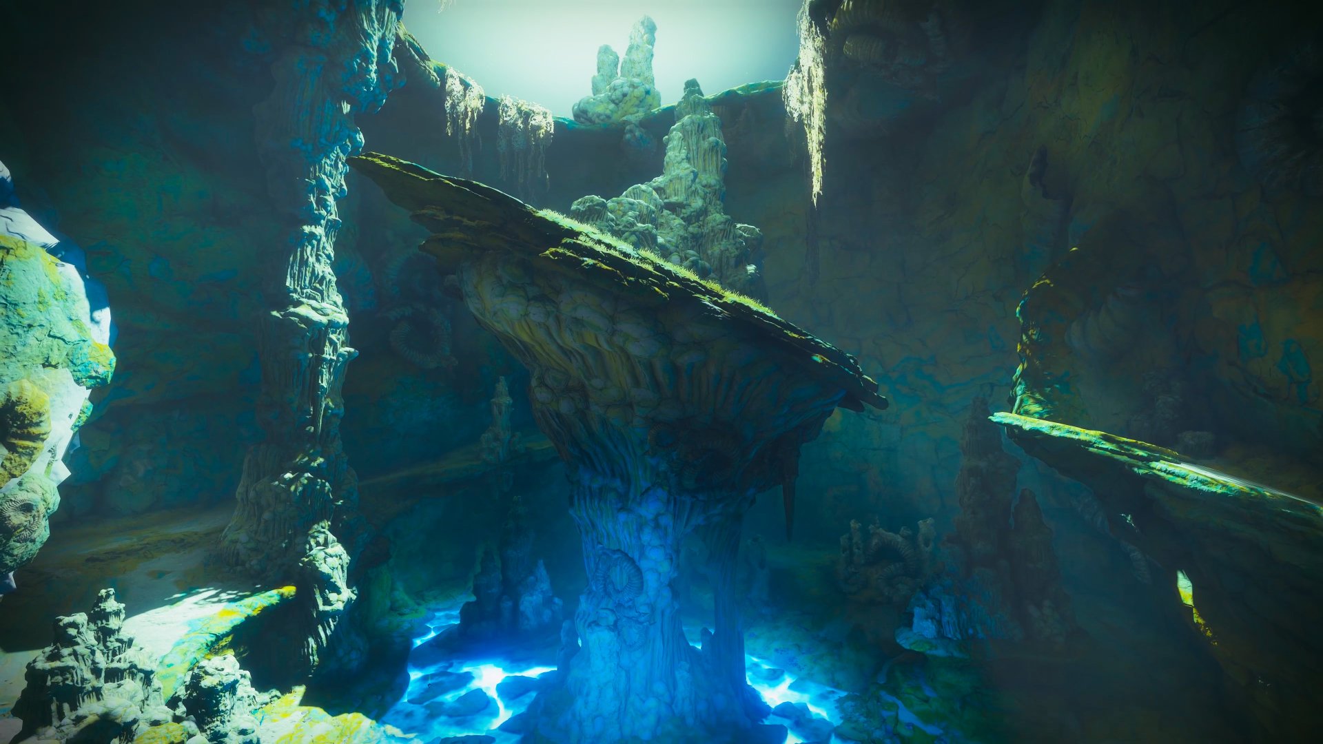 A stunning 4K Ultra HD PC desktop wallpaper featuring a mysterious, rocky cavern with glowing blue water from the video game Destiny 2: Forsaken.