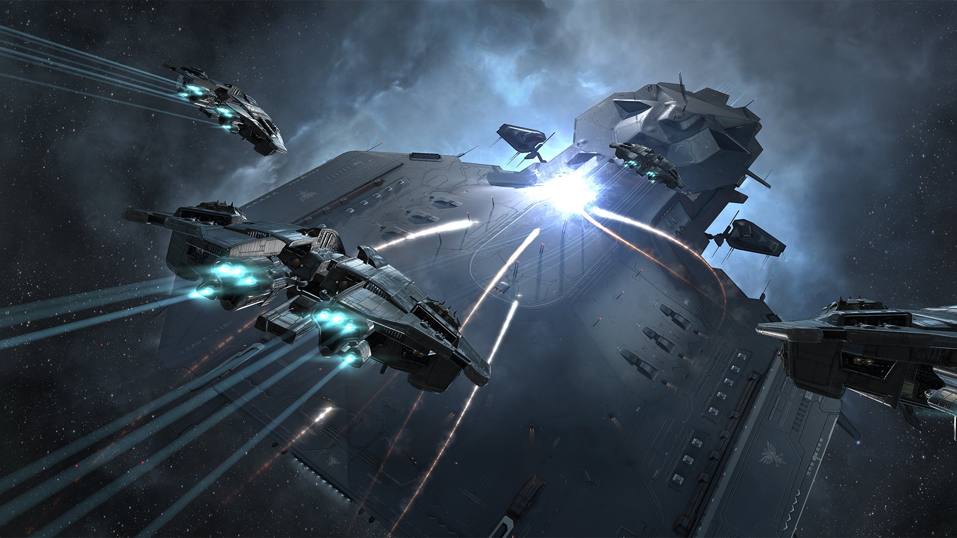 Futuristic EVE Online video game HD PC desktop wallpaper: sleek starships firing beams around a colossal space station as a bright energy burst lights the blue-gray void.