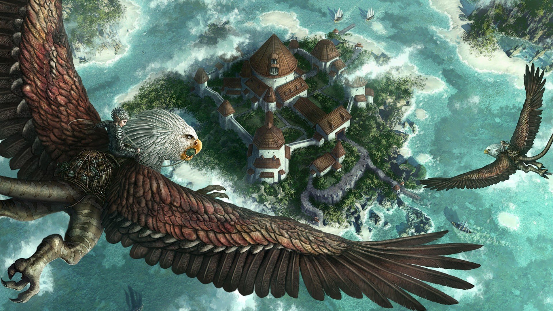 A stunning HD desktop wallpaper featuring majestic fantasy birds soaring over an idyllic island village surrounded by turquoise waters.
