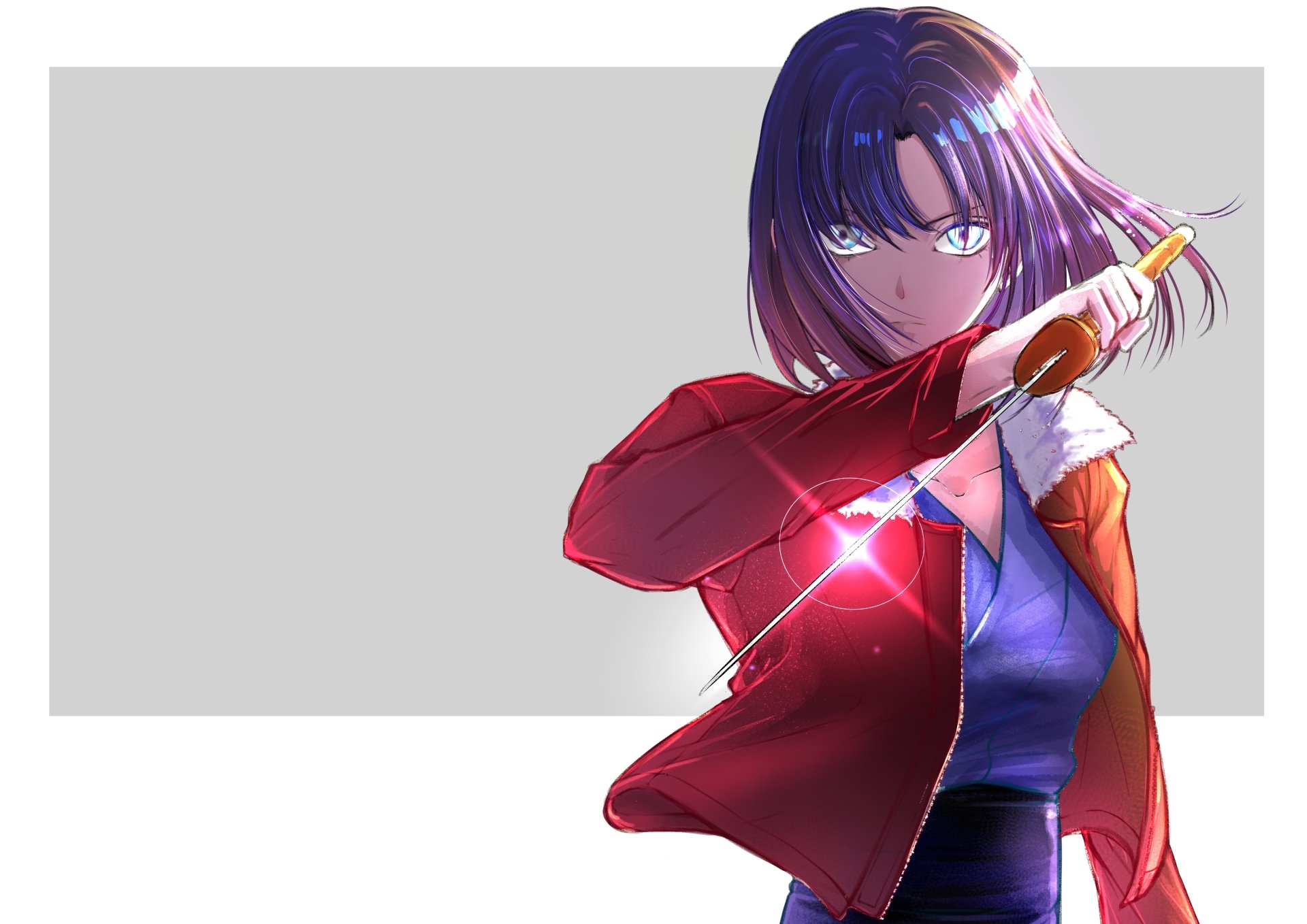 Shiki Ryougi from The Garden of Sinners is depicted in a dynamic pose with a glowing knife, designed as a vibrant 4K Ultra HD anime PC desktop wallpaper.