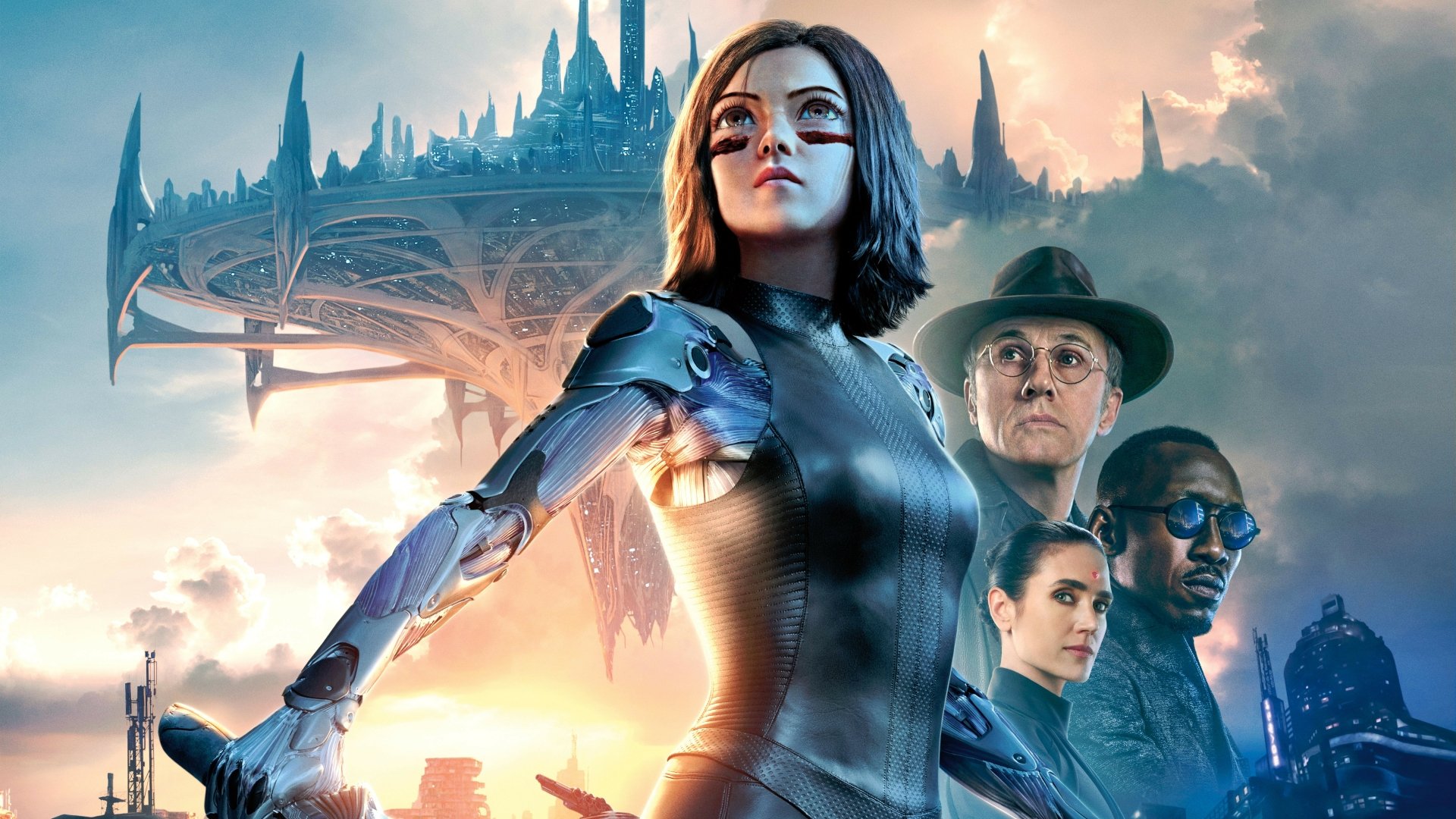 8K Ultra HD wallpaper featuring Alita, the cyborg heroine from the movie Alita: Battle Angel, with a futuristic cityscape and supporting characters in the background.