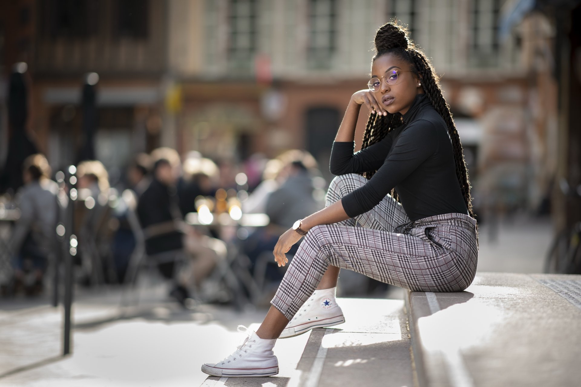 Download Black Hair Sneakers Braid Long Hair Glasses Depth Of Field Woman Model 4k Ultra HD Wallpaper