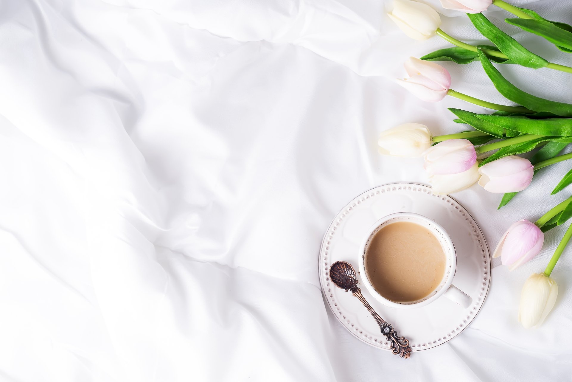 Download White Flower Saucer Spoon Still Life Flower Tulip Cup Food Coffee 4k Ultra HD Wallpaper