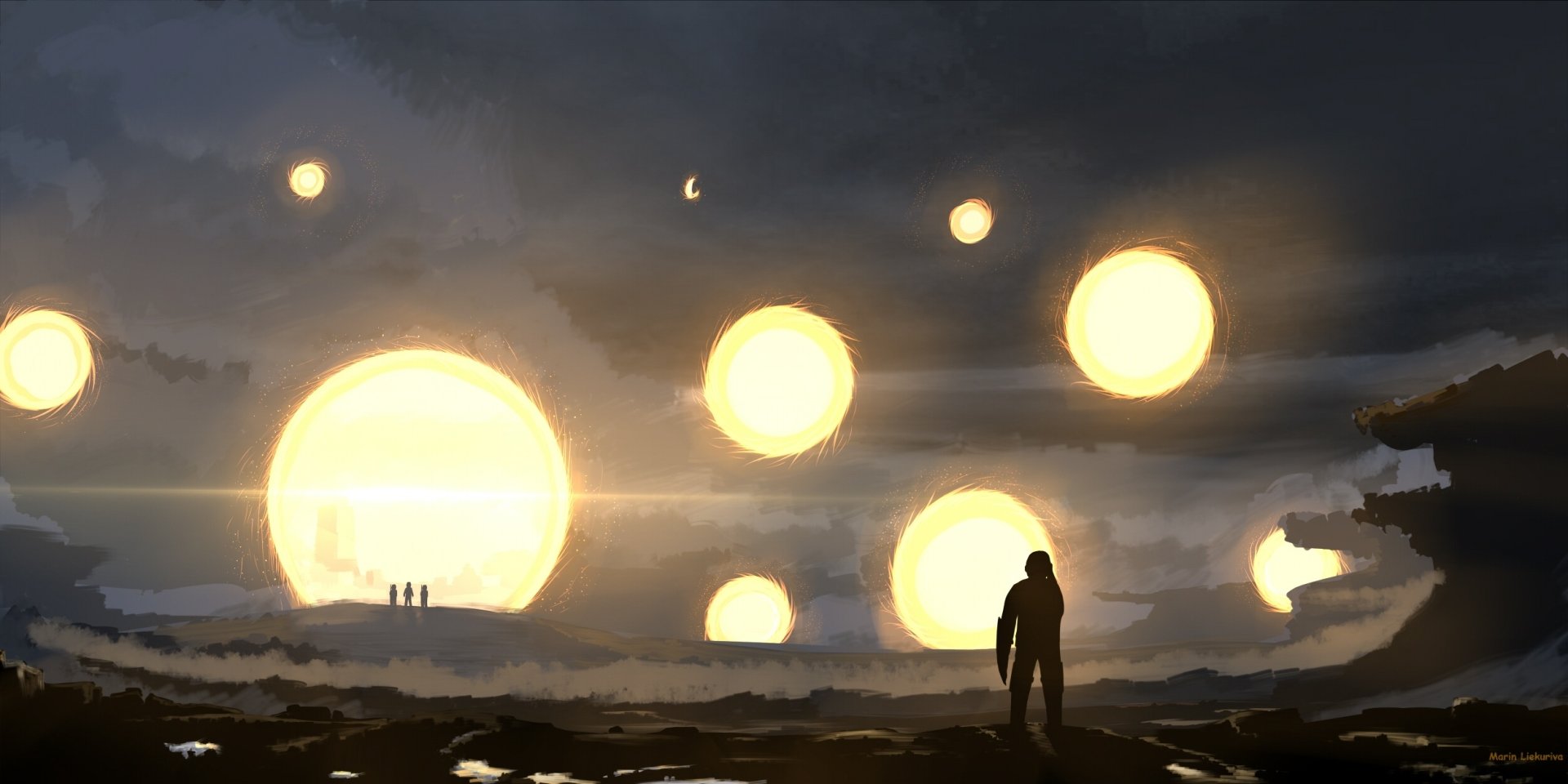 Cinematic landscape HD PC desktop wallpaper from the Avengers EndGame movie: silhouette walks across a rocky shore toward colossal glowing orbs rising in a moody sky.