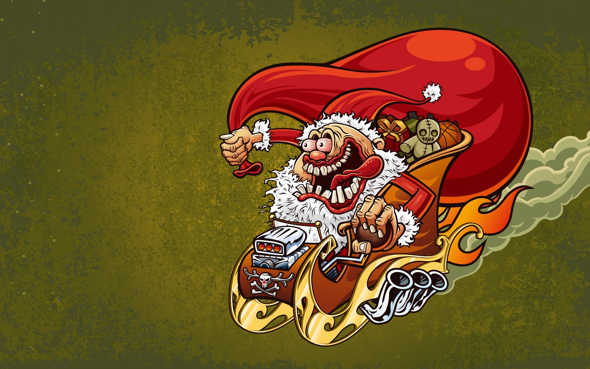 A psychedelic HD desktop wallpaper featuring a wild Santa Claus riding a flaming sleigh filled with gifts, set against a textured green background celebrating Christmas.